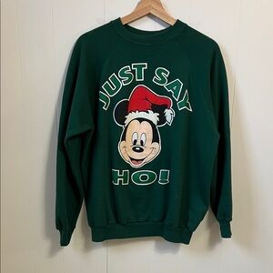 Vintage 90s Disney Christmas Mickey Mouse Green Sweatshirt JUST SAY HO Large